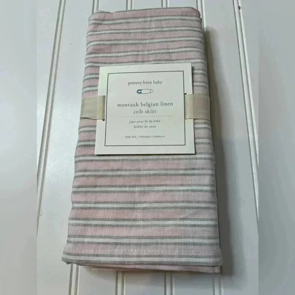 Pottery Barn Baby Montauk Pink Gray Stripe Crib Belgian Linen Crib Skirt NEW - Picture 1 of 3